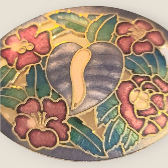 Vintage Gold Tone Cloisonne Tropical Arthurium Flowers Large Brooch Lapel Pin - Picture 4 of 10